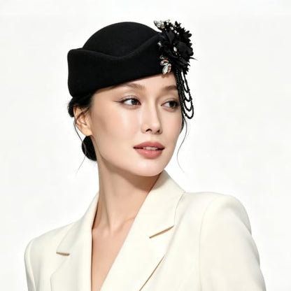 Women's Retro British Felt Headscarf Hat Church Derby Headdress with Floral Women's Soft Beret - color: 02 Black