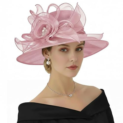 DRESHOW Women Organza Hat Church Cap Hats Clearance Kentucky Derby Cocktail Tea Party Wedding Flower Hat with Wide Brim - color: Flower Hat: Nude Pink