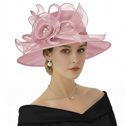 AQOKKA Women Organza Church Fascinators Kentucky Derby Hats for Women and Girls Wedding Flower Tea Party Hat with Wide Brim - color: Organza Rose : Blush Pink