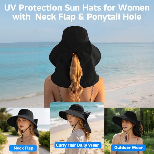 Womens Ponytail Hole Sun Hat with Neck Flap Outdoor UPF 50+ - color: Black