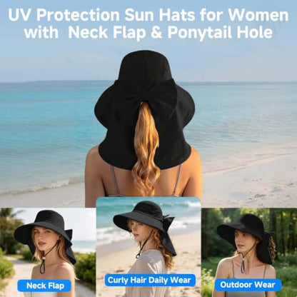 Womens Ponytail Hole Sun Hat with Neck Flap Outdoor UPF 50+ - color: Black