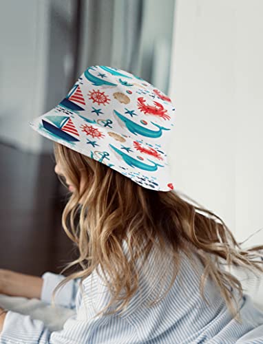 WIRESTER Reversible Bucket Hat Unisex Girl Women Men for Summer Outdoor Travel - color: Marine Boat Crab Pattern