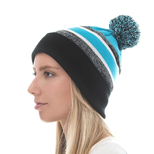 Winter Knit Beanie Hat with Pom Pom – Warm Cuffed Slouch Ski Cap for Men & Women - color: 1.black and Turquoise With Pom