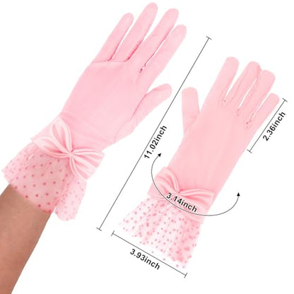 Womens Fascinators Hats and Gloves Set Short Lace Gloves Tea Party Flower Mesh Hair Clips - color: Pink