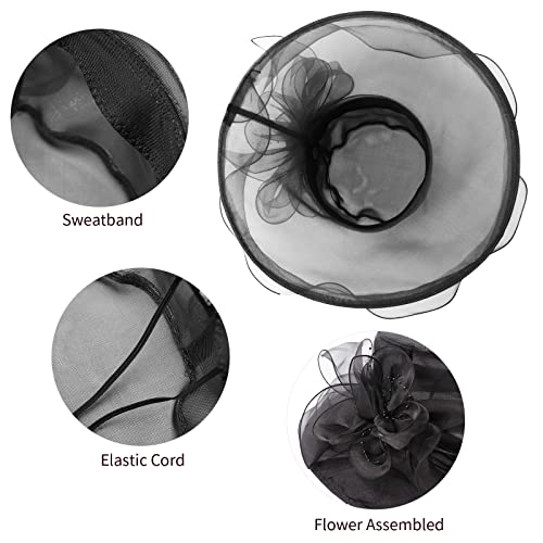 DRESHOW Women Organza Hat Church Cap Hats Clearance Kentucky Derby Cocktail Tea Party Wedding Flower Hat with Wide Brim - color: Royal Black