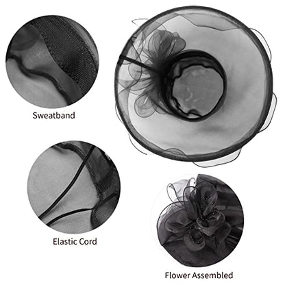 AQOKKA Women Organza Church Fascinators Kentucky Derby Hats for Women and Girls Wedding Flower Tea Party Hat with Wide Brim - color: Black