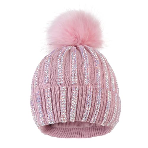 Women Girls Winter Sequin Beanie Hat with Faux Fur Pom Pom Knit Skull Cap - color: Shiny-pink