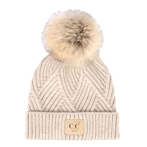 C.C Kids' Suede Patch Snuggly Soft Warm Knit Pom Cuff Beanie - color: Criss Cross Faux Fur, Beige Mix