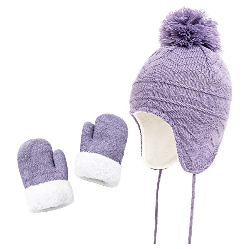 jerague Hats and Gloves Set for Kids Toddler Baby Girls Boys Warm Earflap Beanie Fleece Hats Mittens - color: Violet Blue, size: 1-3T