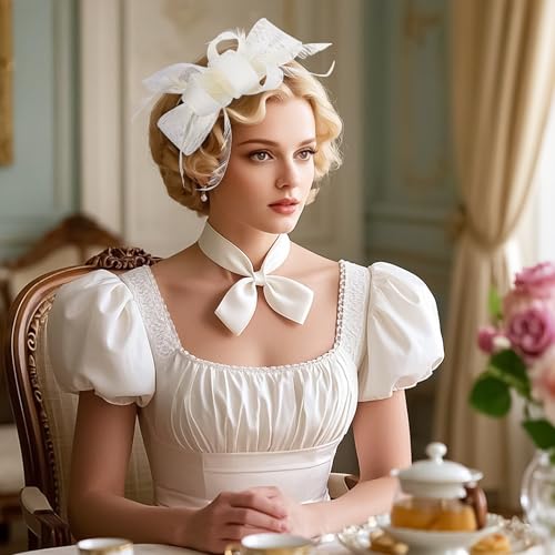 Zinniday Victoria Tea Party Hat - 2025 Bow Derby Attire Hats with Hairpin,1920s 50s Feather Fascinators for Women - color: Beige