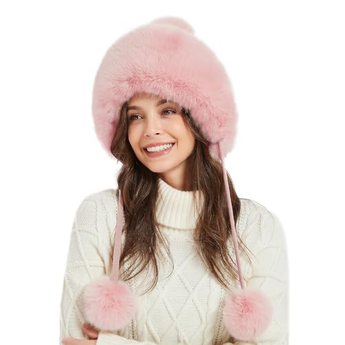 Winter Hats Cute Kint Hat Russian Fur Crochet Hat Slouchy Beanies with Pompom Warm Fuzzy Snow Cap Trapper Hat for Women - color: Dark Pink
