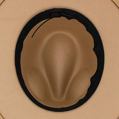 Premium 3" Wide Brim Solid Color Felt Gold Chain Fedora Panama Hat - color: Tan