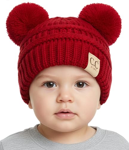 Funky Junque Double Pom Pom Baby Beanie – Newborn Girl Winter Hat 0–12 Months, Cute Cozy Knit Infant Beanies for Cold Weather - color: Red - Double Pom