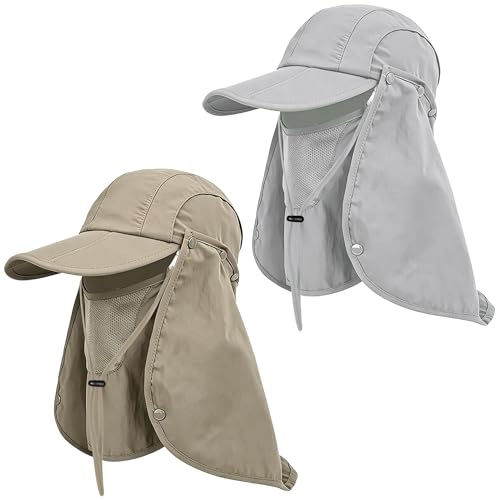 2Pack Men’s Foldable Sun Hat with Removable Face Mask & Neck Flap, UPF 50+ UV Protection, Quick-Drying Outdoor Fishing Cap - color: Light Grey+khaki