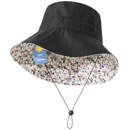 Lightweight Soft Women's Sun Hat, Floral Print UPF50+ UV Protection Bucket Hat, Foldable Portable, for Beach Vacation - color: Black