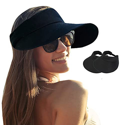 2PCS Wide Brim Sun Visor Hat Women Large UV Protective Golf Beach Cap, Korea Design - color: 2pcs Black