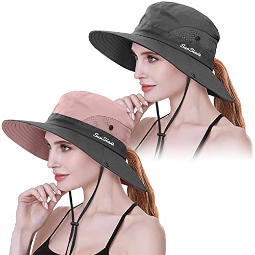 IYEBRAO 2 Pack Womens Ponytail Sun Hat UV Protection Bucket Hats Foldable Wide Brim Summer Boonie Beach Cap Fishing Hiking… - color: Pink & Grey