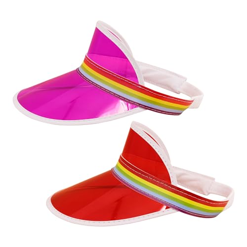 Giovacker Womens Mens PVC Clear Colorful Sun Visor Hats - color: Rainbow Print - Rose Red + Red