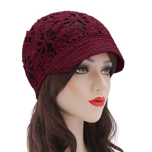 ZLYC Women Summer Slouchy Crochet Hat Handmade Cutout Skull Cap with Visor - color: Plain Burgundy, size: One Size