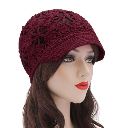 ZLYC Women Summer Slouchy Crochet Hat Handmade Cutout Skull Cap with Visor - color: Plain Burgundy, size: One Size