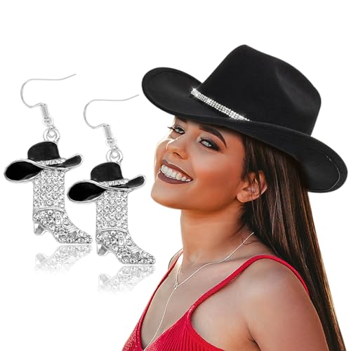 Cowboy Hat Rhinestone Cowgirl Boots Earrings Set Western Earring Felt Fedora Jazz Hat Rodeo Outfit for Women Size M - color: Black