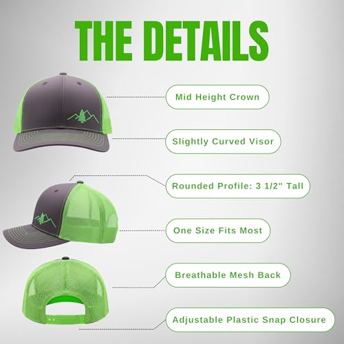 LINDO Trucker Hat [ Great Outdoors Design ] for Men and Women: Mid Profile Cap with Breathable Mesh Back and Adjustable Snap - color: Graphite/Neon