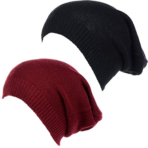 an Unisex Striped Knit Slouchy Beanie Hat Lightweight Soft Fashion Cap - color: 5014-2pk-burg