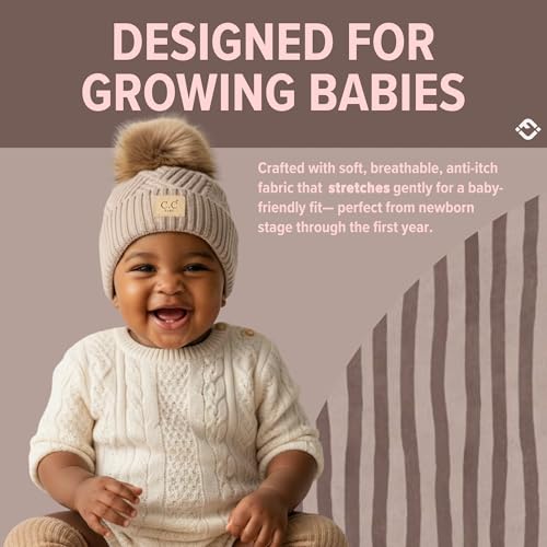 Funky Junque Baby Pom Pom Beanie – Soft Knit Infant Winter Hat for Baby Girls & Boys, Cozy Warm Newborn Beanie 0–12 Months - color: Diagonal Basketweave Pattern - Multi Beige