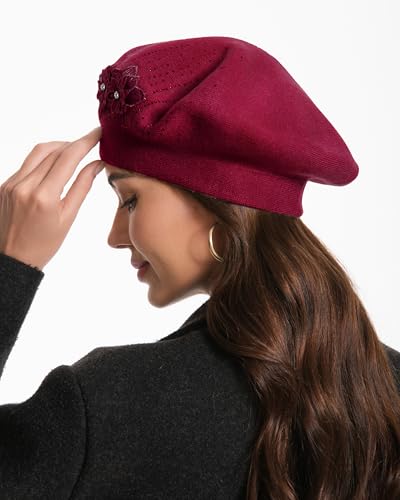 Flower Embroidery Beret Hat for Women, French Style Knitted Beret Hats, Stylish Solid Color Beret Cap for Women Girls Lady - color: Wine Red 2 Flowers