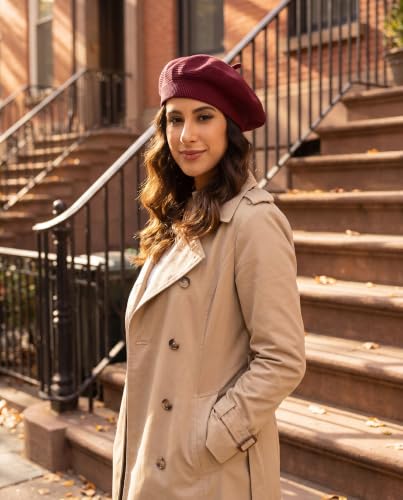 Cotton Knitted Women Beret Hat, French Style Solid Color Beret, Winter Autumn Warm and Soft Beanie Hat - color: Wine Red