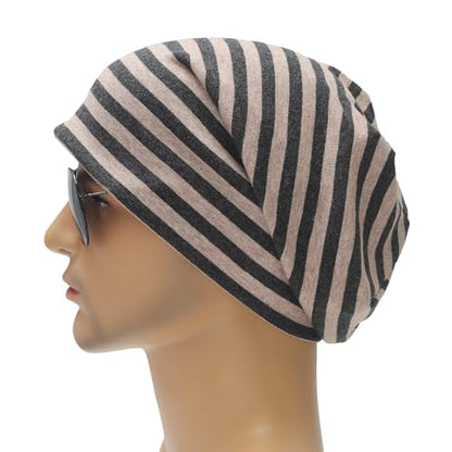 ZLYC Cotton Thin Slouchy Beanie Hat for Men Women Stretch Skull Cap - color: Striped Dark Gray Khaki, size: One Size