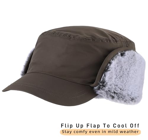 Connectyle Men's Winter Hat with Visor Warm Earflaps Hat Fully Lined Faux Fur Baseball Cap Trapper Hunting Hats - color: Army Green