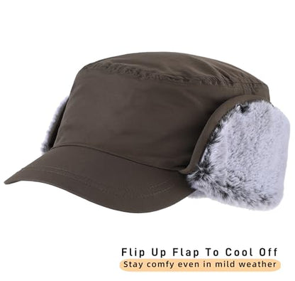 Connectyle Men's Winter Hat with Visor Warm Earflaps Hat Fully Lined Faux Fur Baseball Cap Trapper Hunting Hats - color: Army Green