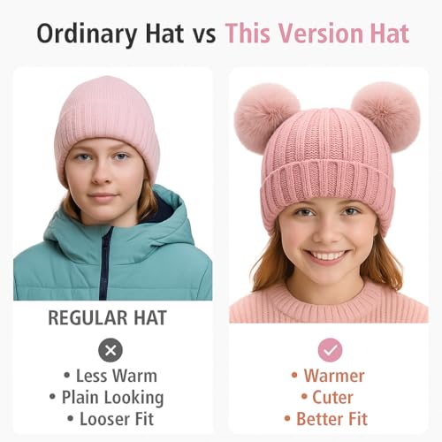 Toddler Winter Knit Hat Upgrade Fleece Lined Pompom Ears Beanies Cap for Boys Girls 3-12 Years - color: Dark Pink
