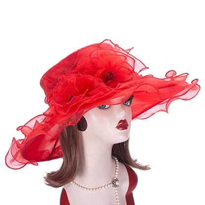 Lawliet Womens Dressy Wide Brim Church Wedding Occasion Sun Hat A613 - color: Red