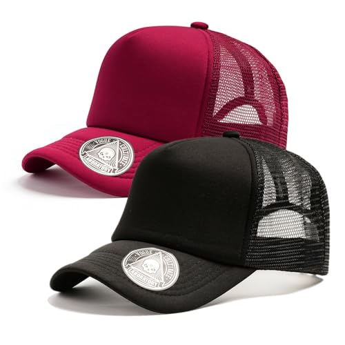 2-Pack Classic Foam Trucker Hat Summer Mesh Hat Lightweight Adjustable Back Buckle Strap - color: Black/Burgundy