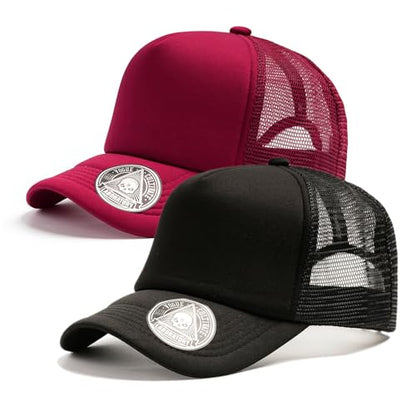 2-Pack Classic Foam Trucker Hat Summer Mesh Hat Lightweight Adjustable Back Buckle Strap - color: Black/Burgundy