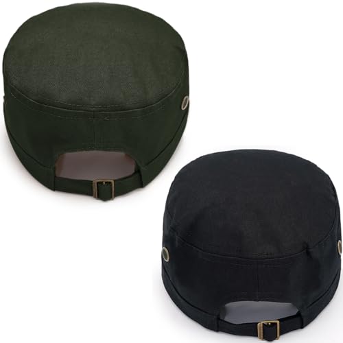 Cadet Army Hat 2 Pieces Flat Top Cap Unisex Military Hat for Women Men - color: Black C + Army Green C