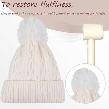 Pom Pom Beanie for Women & Girls, Warm Knit Winter Hat - color: White