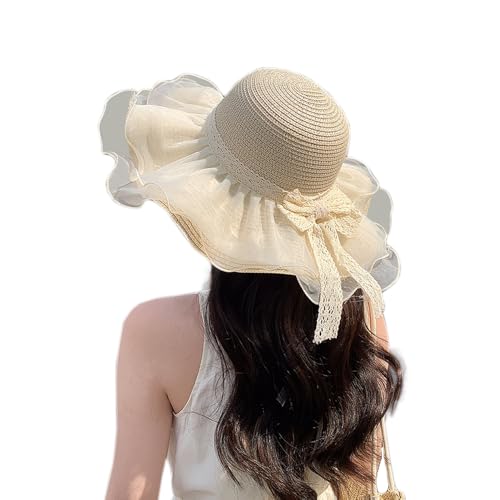 Women Summer Straw Hat Sun UV Protection Wide Brim Breathable Beach Visor Hats - color: Beige