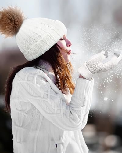 Syhood 4 Pcs Hat and Glove Set Winter Beanie and Glove Set - color: White and Pink
