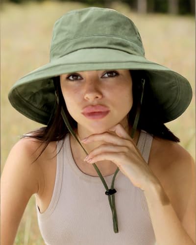 Hatiis Womens Sun Hat with Ponytail Hole Cotton Shapeable Wide Brim - color: Green
