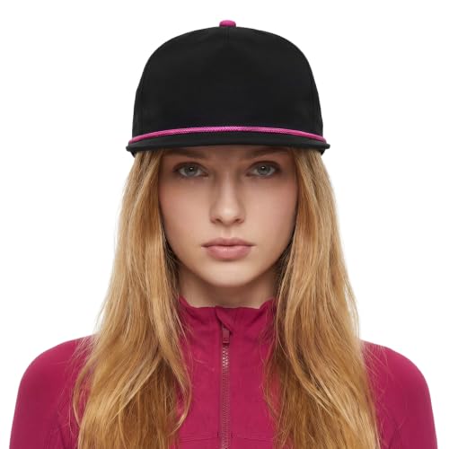 TOPTIE 5-Panel Rope Snapback Baseball Cap, Adjustable Flat Brim Hat, Quick Dry Soft Top Cap for Men Women Outdoor - color: Black/Hot Pink