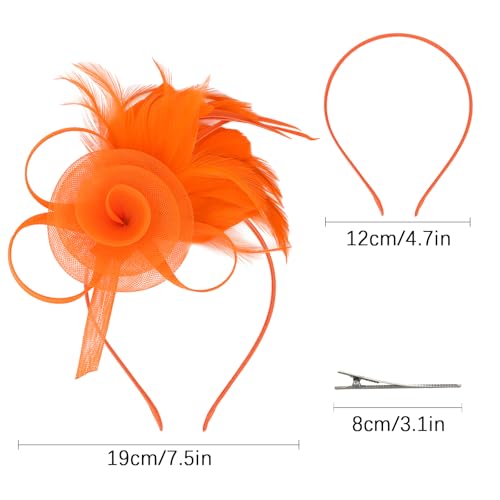 AMCAMI Fascinators Hats with Feather for Women 2026 Derby Hats Small Tea Party Hat with Headband - color: Orange
