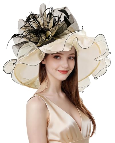 Organza Church Derby Hats for Women Wedding Tea Party Fascinator Floral Wide Brim Sun Hat - color: Style02 Apricot Black