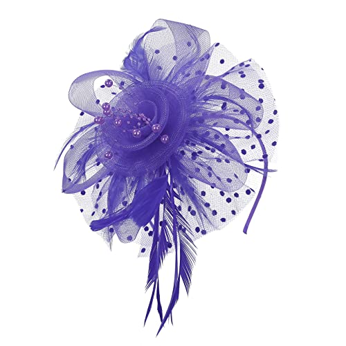 Century Star 2026 Kentucky Hat Derby Fascinator for Women Tea Party Flower Mesh Ribbons Feathers Headband Hair Clips - color: Deep Purple