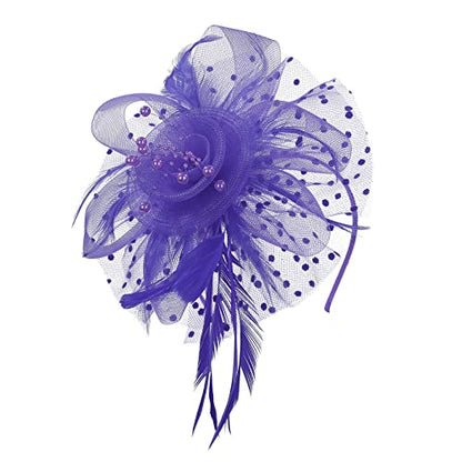 Century Star 2026 Kentucky Hat Derby Fascinator for Women Tea Party Flower Mesh Ribbons Feathers Headband Hair Clips - color: Deep Purple