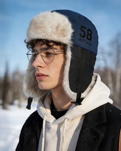 Croogo Trapper Hat Winter Hats for Men Trooper Russian Warm Hat with Ear Flaps Women Ushanka Fur Hat Windproof Ski Hat - color: Pl2510-navy