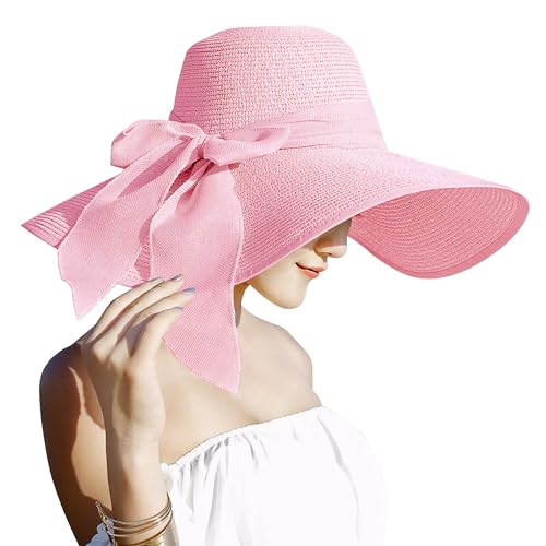 Lanzom Womens 5.7 Inches Big Bowknot Straw Hat Large Floppy Foldable Roll up Beach Cap Sun Hat UPF 50+ - color: Pink