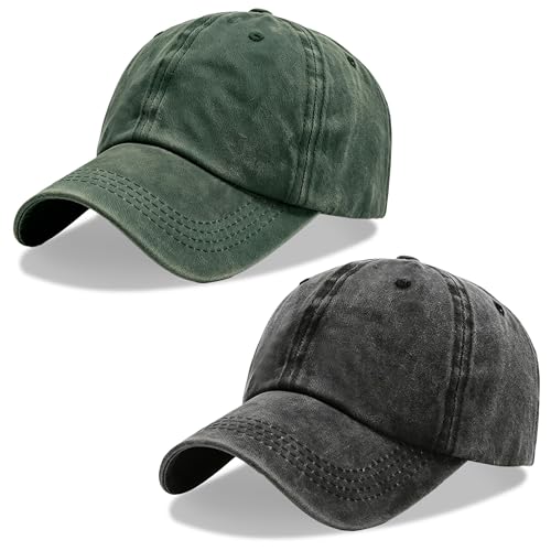2Pack Vintage Washed Cotton Baseball Caps, Adjustable Low Profile Dad Hat, Unconstructed Distressed Plain Cap for Men Women - color: Black+green